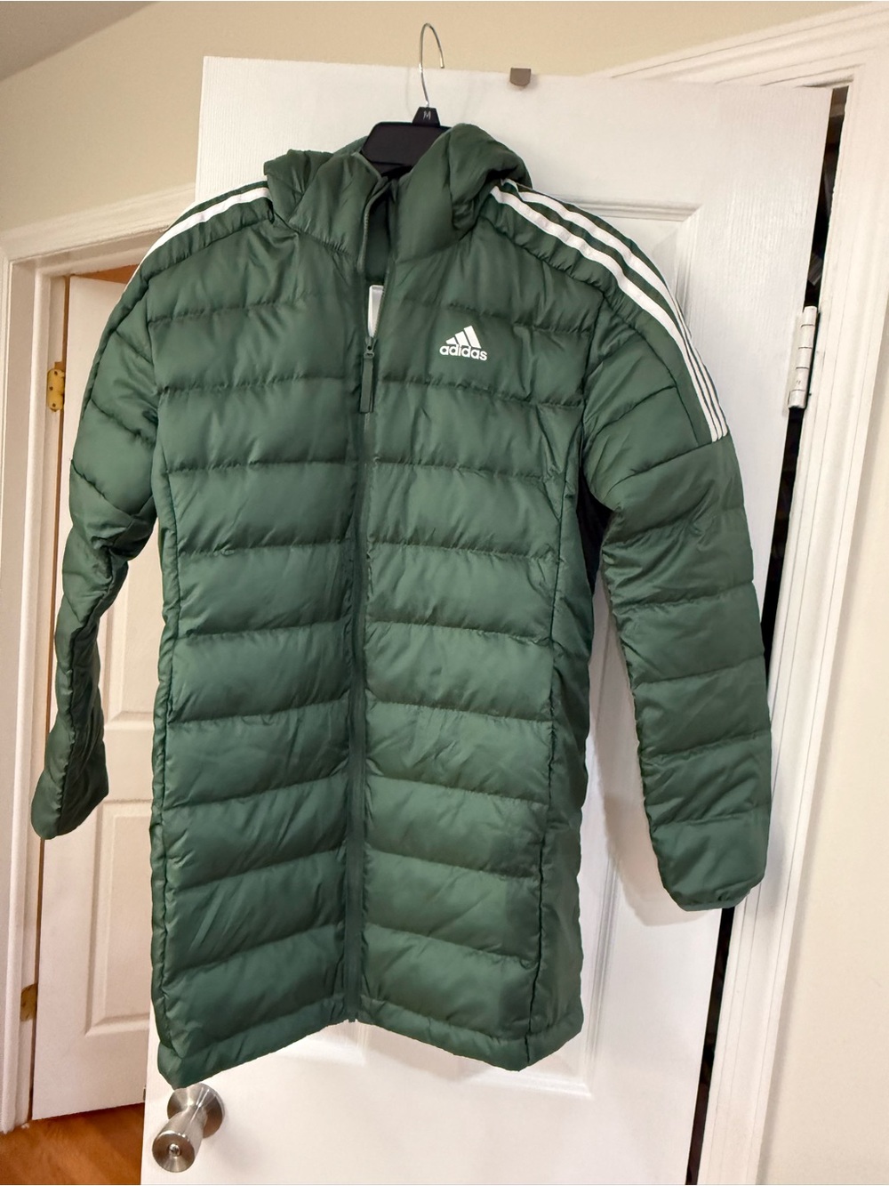 adidas Long Green Puffer Coat with Hood and White Stripes